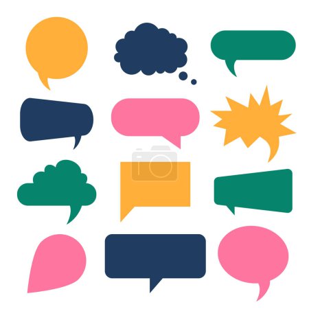 Illustration for Speech bubbles, communication concept. Colorful geometric shapes. Conversation, rhetoric, discussion symbols. Art of oratory, public speaking. Isolated abstract flat vector illustration - Royalty Free Image
