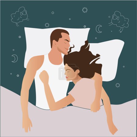 Illustration for Cute sweet young couple lying in bed and cuddling. Sleep. Night. Characters guy and girl sleeping in bed. Illustration in vector style. Light and soft shades. - Royalty Free Image
