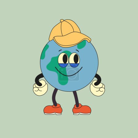 Illustration for Cute planet earth character. Cute earth globe with emotions, face, hands, cap, feet in shoes. Cartoon style. Hand drawn fashion vector illustration. World earth day, nature care concept - Royalty Free Image
