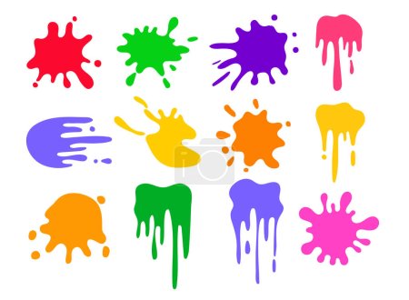 Illustration for Flat collection of vector illustrations of colorful ink blots.Various splashes and drops, cartoon splashes. Collection of ink stained paints. - Royalty Free Image