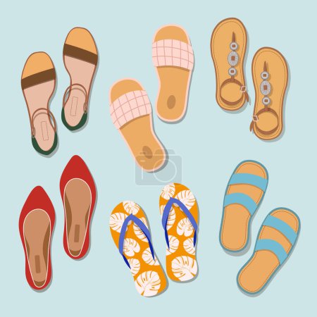 Illustration for Women's summer footwear. Set of vector illustrations. Colorful collection of summer sandals design elements. View from above. - Royalty Free Image