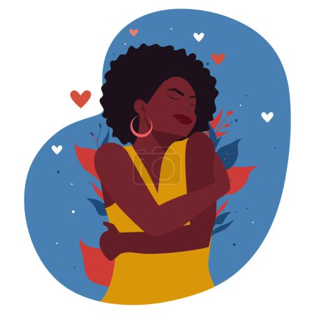 Téléchargez les illustrations : Belle jeune femme afro-américaine sur fond isolé S'embrassant heureuse et positive, souriante avec confiance. Amour de soi et soin de soi - en licence libre de droit