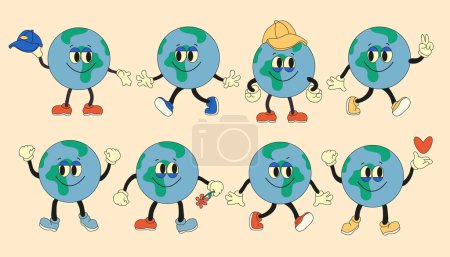 Illustration for Collection of planet earth characters. Funny earth globe with emotions, face, hands, hats and feet in shoes. Cartoon style. Hand drawn fashion vector illustration. World earth day, nature care concept - Royalty Free Image