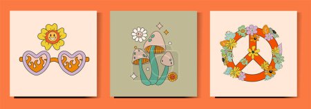 Illustration for Groovy Hippie poster set from the 70s. Mushrooms Glasses Flower Steering Wheel Retro Cartoon Daisy Flower for T-shirt Prints Wall Art Phone Case Notes Cover Flyer Postcards Social Media - Royalty Free Image