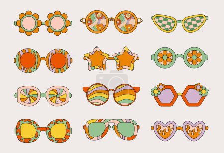 Illustration for Set of fashionable sunglasses in various shape and color vector illustration. Collection of modern and vintage eyewear and sun protection accessories on blue background - Royalty Free Image