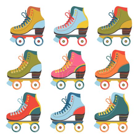 Illustration for Vector set with colored roller skates. Vintage poster with roller skates.Bright stylish illustration - Royalty Free Image