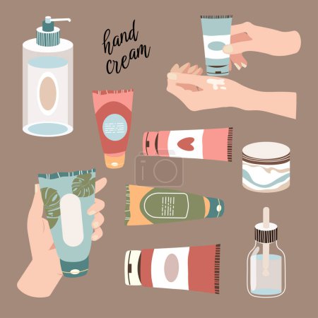 Hand cream set. Close up set of woman hands apply cream from tube. Skincare. Flat vector illustration.