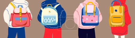 Illustration for People in oversized clothes stand with colorful backpacks. Back view. Back to school, college, education, learning concept. Set of four vector illustrations - Royalty Free Image