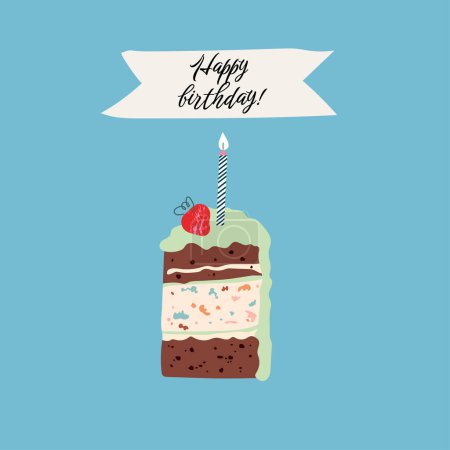 Illustration for Vector birthday greeting card with cake,candle,strawberry in cartoon style. - Royalty Free Image