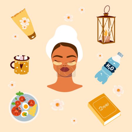 Illustration for Self care concept set. Morning home routine of a woman: healthy food, reading, skincare. Morning beauty rituals collection. Girl relaxes at home. Flat vector illustration - Royalty Free Image