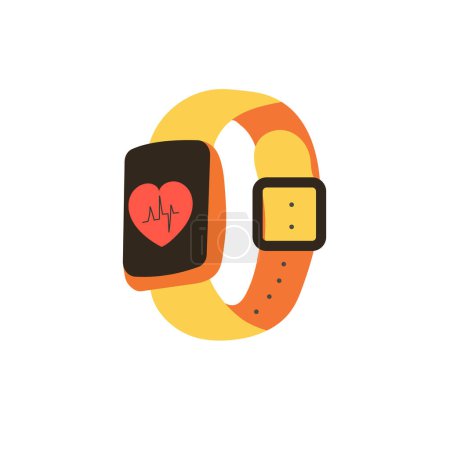Illustration for Fitness watch. Fitness Tracker icon. Smart watch pulse heart. Device for sports, fitness, yoga and running. Cartoon Vector illustration isolated on the white background. - Royalty Free Image