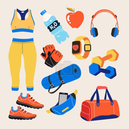 Illustration for Various sports equipment. Fitness equipment, gym accessories. Dumbbells, fitness tracker, headphones, bottle, shoes, mat, gloves. The concept of a healthy lifestyle. Vector hand drawn set - Royalty Free Image