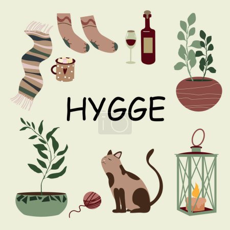 Illustration for Set of hygge elements with text. Hand-drawn illustration of cute interior decorations. Add cozy mood and atmosphere to your design with this isolated vector collection. Scandinavian lifestyle - Royalty Free Image