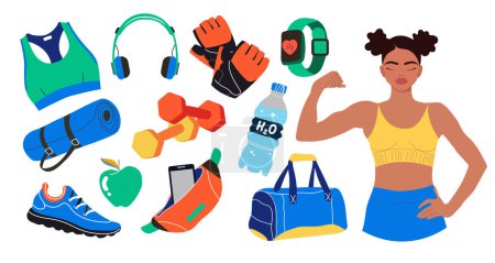Illustration for Sports young girl demonstrates muscles. Set of various sports equipment. Various isolated fitness equipment, gym accessories. The concept of a healthy lifestyle. Modern hand drawn vector illustrations - Royalty Free Image