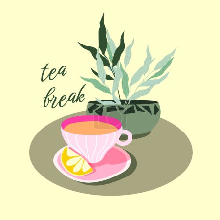 Ilustración de Taza de té de dibujos animados con limón. Té break.Vector de dibujos animados. Se puede utilizar en el menú, en la tienda, en el bar, tarjetas o pegatinas. - Imagen libre de derechos