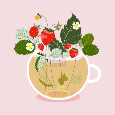 Téléchargez les illustrations : Une tasse de thé avec des fleurs et des baies. Illustration vectorielle à la mode dessinée à la main d'une tasse remplie de fleurs et de fraises. Design romantique isolé au printemps pour carte de vœux, bannière web, poteau - en licence libre de droit