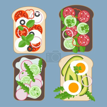 Illustration for Food illustration. Sandwiches stuffed with cucumbers, avocados, tomatoes, mozzarella cheese and peanut butter. Toast with egg and herbs. - Royalty Free Image