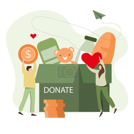 Illustration for Donation of food and clothing. Vector flat illustration. The concept of social assistance and charity. Volunteers collect donations in boxes. - Royalty Free Image
