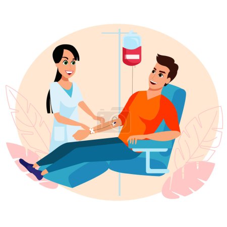 Illustration for Blood donation 2D isolated illustration. Man in chair on blood transfusion. Donor with smiling nurse flat characters on cartoon background. Charity work and volunteering colourful scene - Royalty Free Image