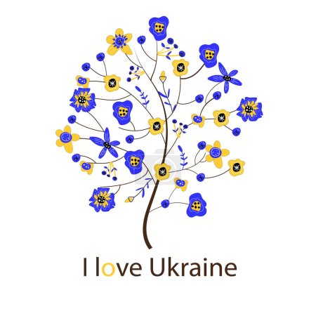 Téléchargez les illustrations : J'adore l'Ukraine. Arbre en forme d'ornement de couleur drapeau ukrainien. Faire la paix. - en licence libre de droit