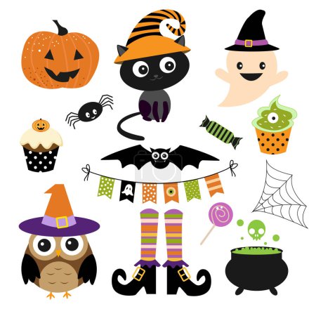 Illustration for Seamless Halloween pattern. Vector illustration of Halloween party. Bat, black cat and cakes,sweets. Vector cartoon seamless pattern. - Royalty Free Image