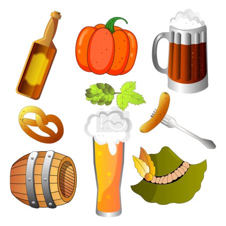 Téléchargez les illustrations : Oktoberfest Beer Festival icônes ensemble. Citrouille, bière, saucisse grillée à la fourchette, houblon, chapeau, tonneau, tasse, verre à la bière. Illustration vectorielle. - en licence libre de droit