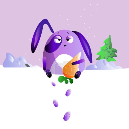 Illustration for Merry Christmas And Happy New Year With Cute Little Rabbit carrot, And Christmas Tree. Season's Greetings. Vector Cartoon Illustration - Royalty Free Image