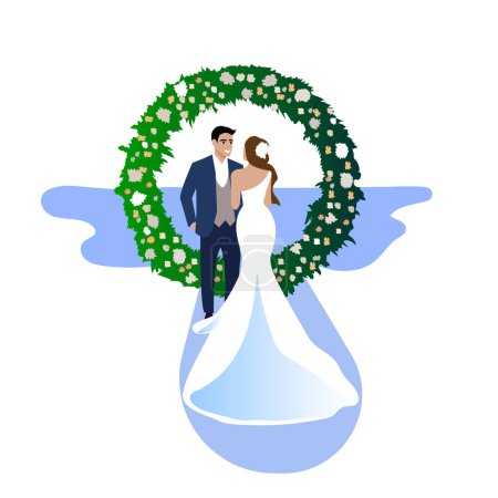 Illustration for Flat vector illustration of civil wedding ceremony. Bride and groom 2D cartoon characters with landscape on background - Royalty Free Image