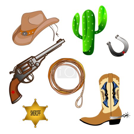 Téléchargez les illustrations : Cowboy western theme; wild west concept. Différents objets. Bottes ; pistolet ; chapeau ; lasso ; cactus ; fer à cheval ; étoile de l'insigne du shérif. Ensemble vectoriel coloré dessiné à la main - en licence libre de droit
