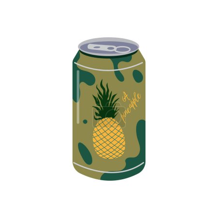 Illustration for Soft drink. Vector illustration of aluminum can of soda drink with juicy pineapple and colorful label - Royalty Free Image
