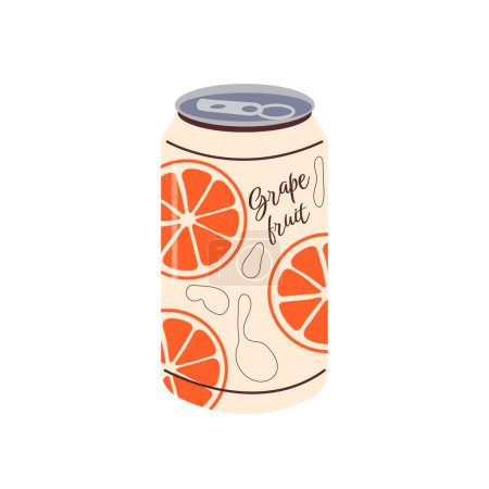 Illustration for Soft drink. Vector illustration of aluminum can of soda drink with juicy grapefruit and colorful label - Royalty Free Image