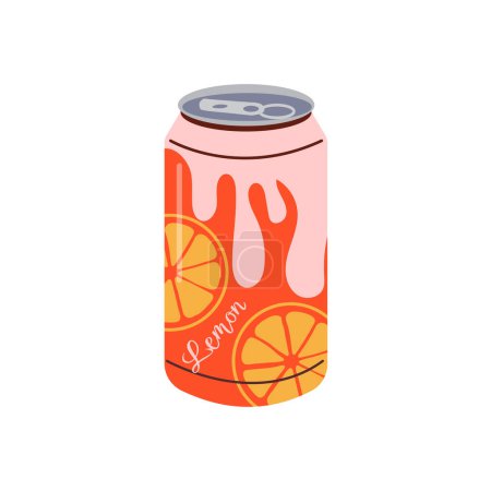 Illustration for Soft drink. Vector illustration of aluminum can of soda drink with juicy lemons and colorful label - Royalty Free Image