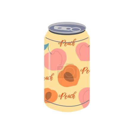 Illustration for Soft drink. Vector illustration of aluminum can of soda drink with juicy peaches and colorful label - Royalty Free Image