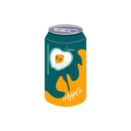 Illustration for Soft drink. Vector illustration of aluminum can of soda drink with juicy apples and colorful label - Royalty Free Image