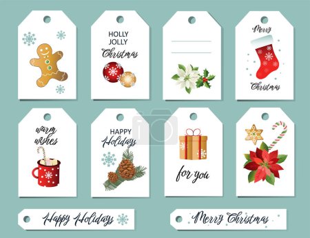 Illustration for Christmas tags with fir branches, cones, gingerbread man, poinsettia flowers, coffee cup. Vector collection of winter labels. - Royalty Free Image