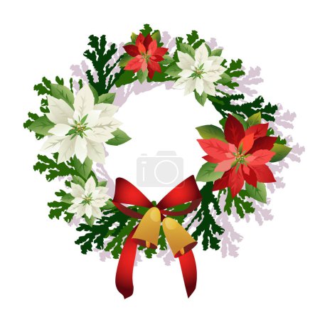 Téléchargez les illustrations : Couronne de Noël avec fleurs de poinsettia, cloches et arc - en licence libre de droit