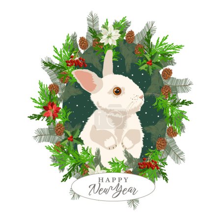 Téléchargez les illustrations : Nouvel An lapin symbole de 2023. Lapin de Noël dans une couronne de sapin avec des cônes et des fleurs. Carte. - en licence libre de droit