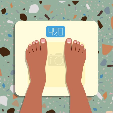 Illustration for A woman stands on the scales in the bathroom on a colored background, top view of her legs. Measurement and control of weight. Healthy lifestyle, diet and fitness concept - Royalty Free Image