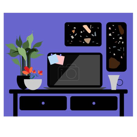 Illustration for Workplace concept. Office table. Design for co working. Desktop with computer, coffee mug, reminder stickers, organized, plant, pictures. - Royalty Free Image