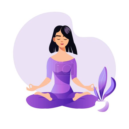 Illustration for Meditating woman semi flat color vector character set. Sitting figure. Full body person on white. Calm lady isolated modern cartoon style illustration for graphic design and animation pack - Royalty Free Image