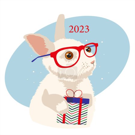 Illustration for Illustration of Chinese New Year 2023 celebration, year of the rabbit. Typographic poster of a rabbit in red glasses and the number 2023. Fashion design with a hare. - Royalty Free Image
