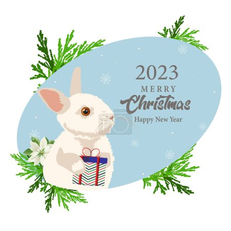 Illustration for A cute rabbit holds a present for Christmas and New Year. Banner with text Merry Christmas. Holiday postcard. - Royalty Free Image