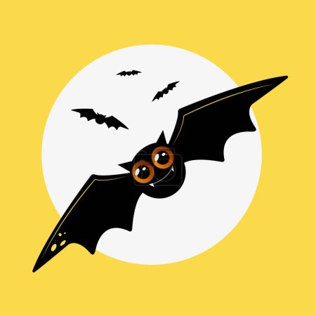 Illustration for Vector illustration of Halloween night scene. A cute bat flies under the full moon. Banner, poster or card template. - Royalty Free Image