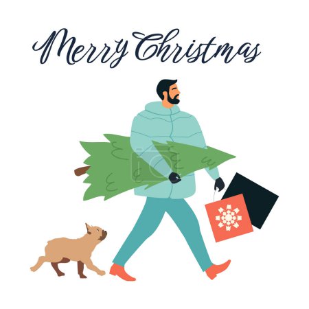 Illustration for Man with real Christmas tree and french bulldog semi flat color characters. Editable figures. Full body person on white. Simple cartoon style illustration for web graphic design and animation - Royalty Free Image