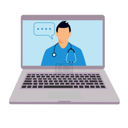 Illustration for Male doctor with stethoscope on screen of online diagnostics concept. Flat notebook health service. - Royalty Free Image