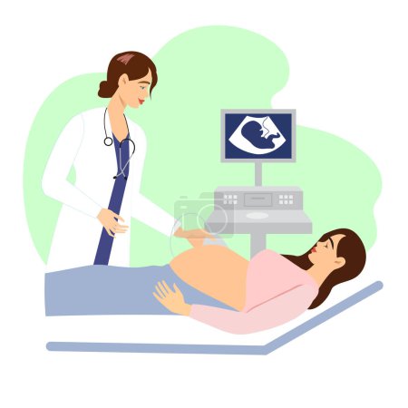 Illustration for Sonographer scanning and examining pregnant woman in hospital medical office. Examination during pregnancy. Concept of medicine ultrasound scan. Happy future mother at medical checkup. - Royalty Free Image