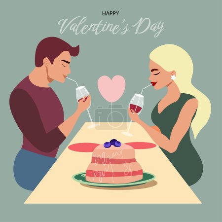 Happy Valentine's Day! Vector retro illustrations of couple in love on a date. Text and heart for greeting card or poster