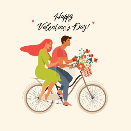 Illustration for Happy couple is riding a bicycle together and happy valentines day Illustration vector of Love and Valentine Day. - Royalty Free Image