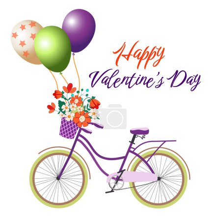 Illustration for Bicycle with balloons and a basket of flowers. Valentine's day and love. Illustration for a postcard or poster. - Royalty Free Image