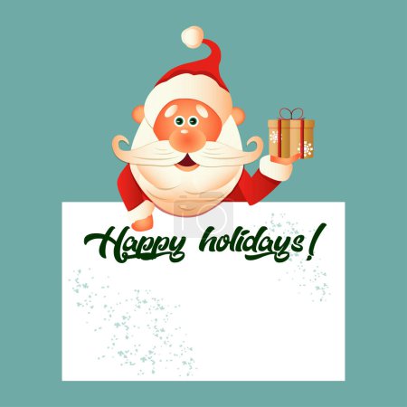 Illustration for Christmas cartoon character of Santa Claus with a gift. Merry Christmas and Happy New Year greeting cute Santa cartoon lettering . - Royalty Free Image